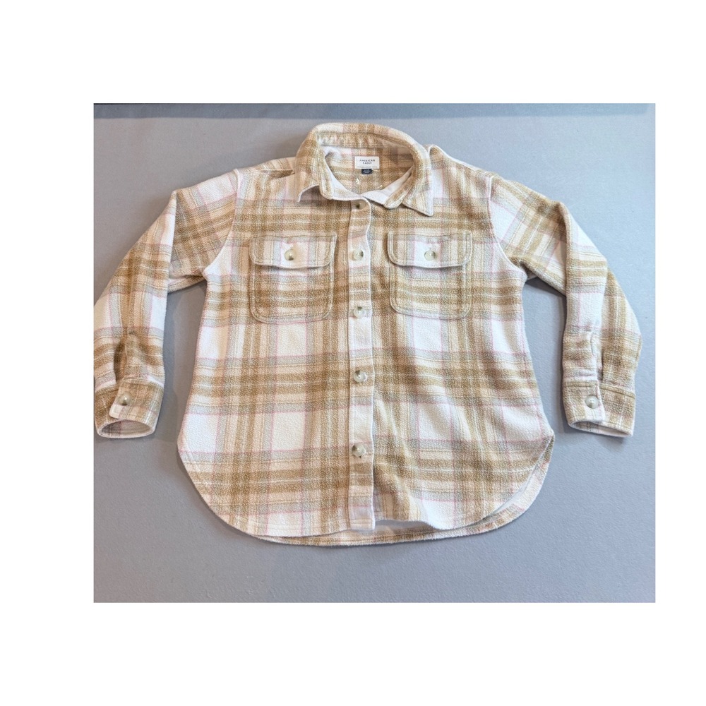 American Eagle Women Plaid Shacket Tan Pink Fleece Button Down Shirt Jacket S